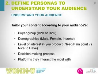 UNDERSTAND YOUR AUDIENCE
27
2. DEFINE PERSONAS TO
UNDERSTAND YOUR AUDIENCE
Tailor your content according to your audience's:
• Buyer group (B2B or B2C)
• Demographics (Male, Female, Income)
• Level of interest in you product (Need/Pain point vs
Nice to Have)
• Decision making process
• Platforms they interact the most with
 