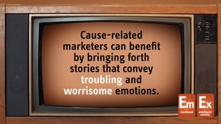 Cause-related
marketers can beneﬁt
by bringing forth
stories that convey
troubling and
worrisome emotions.
Ememotional
Exemotional
anxiety
 