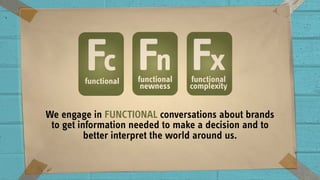 We engage in FUNCTIONAL conversations about brands
to get information needed to make a decision and to
better interpret the world around us.
 