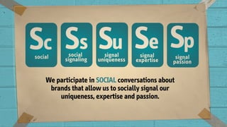 We participate in SOCIAL conversations about
brands that allow us to socially signal our
uniqueness, expertise and passion.
 