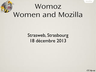 Womoz
Women and Mozilla
Strasweb, Strasbourg
18 décembre 2013

CC-by-sa

 