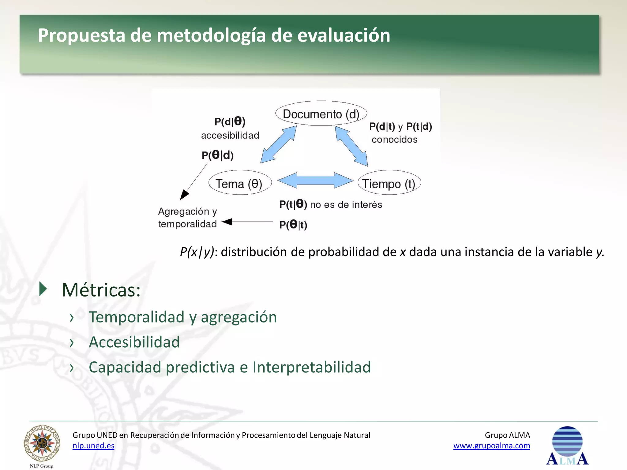 Propuesta de metodología de evaluación




                               P(x|y): distribución de probabilidad de x dada una instancia de la variable y.

 Métricas:
   › Temporalidad y agregación
   › Accesibilidad
   › Capacidad predictiva e Interpretabilidad


   Grupo UNED en Recuperación de Información y Procesamiento del Lenguaje Natural          Grupo ALMA
   nlp.uned.es                                                                      www.grupoalma.com
 