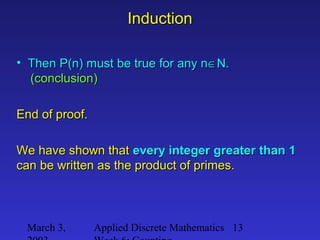 March 3, Applied Discrete Mathematics 13
InductionInduction
• Then P(n) must be true for any nThen P(n) must be true for any n∈∈N.N.
(conclusion)(conclusion)
End of proof.End of proof.
We have shown thatWe have shown that every integer greater than 1every integer greater than 1
can be written as the product of primes.can be written as the product of primes.
 
