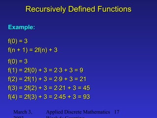 March 3, Applied Discrete Mathematics 17
Recursively Defined FunctionsRecursively Defined Functions
Example:Example:
f(0) = 3f(0) = 3
f(n + 1) = 2f(n) + 3f(n + 1) = 2f(n) + 3
f(0) = 3f(0) = 3
f(1) = 2f(0) + 3 = 2f(1) = 2f(0) + 3 = 2⋅⋅3 + 3 = 93 + 3 = 9
f(2) = 2f(1) + 3 = 2f(2) = 2f(1) + 3 = 2⋅⋅9 + 3 = 219 + 3 = 21
f(3) = 2f(2) + 3 = 2f(3) = 2f(2) + 3 = 2⋅⋅21 + 3 = 4521 + 3 = 45
f(4) = 2f(3) + 3 = 2f(4) = 2f(3) + 3 = 2⋅⋅45 + 3 = 9345 + 3 = 93
 