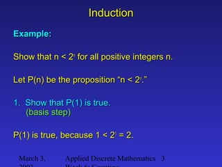 March 3, Applied Discrete Mathematics 3
InductionInduction
Example:Example:
Show that n < 2Show that n < 2nn
for all positive integers n.for all positive integers n.
Let P(n) be the proposition “n < 2Let P(n) be the proposition “n < 2nn
.”.”
1. Show that P(1) is true.1. Show that P(1) is true.
(basis step)(basis step)
P(1) is true, because 1 < 2P(1) is true, because 1 < 211
= 2.= 2.
 