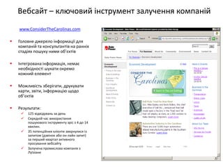Вебсайт – ключовий інструмент залучення компаній 
www.ConsiderTheCarolinas.com 
Головне джерело інформації для компаній та консультантів на ранніх стадіях пошуку ними об’єктів 
Інтегрована інформація, немає необхідності шукати окремо кожний елемент 
Можливість зберігати, друкувати карти, звіти, інформацію щодо об’єктів 
Результати: 
125 відвідувань за день 
Середній час використання пошукового інструменту зріс з 4 до 14 хвилин. 
35 потенційних клієнти звернулися із запитом (дзвінок або он-лайн запит) за перший квартал активного просування вебсайту 
Залучена промислова компанія з Луїзіани 
 