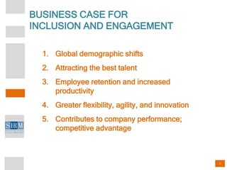 3
BUSINESS CASE FOR
INCLUSION AND ENGAGEMENT
1. Global demographic shifts
2. Attracting the best talent
3. Employee retent...