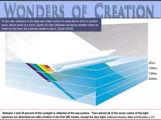 Between 3 and 30 percent of the sunlight is reflected at the sea surface. Then almost all of the seven colors of the light
spectrum are absorbed one after another in the first 200 meters, except the blue light. (reference:Oceans, Elder and Pernetta, p. 27.)
Or like utter darkness in the deep sea: there covers it a wave above which is another
wave, above which is a cloud, (layers of) utter darkness one above another; when he
holds out his hand, he is almost unable to see it; (Quran 24:40)
 