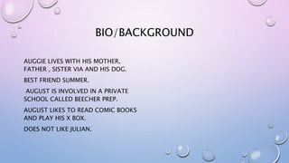 BIO/BACKGROUND
AUGGIE LIVES WITH HIS MOTHER,
FATHER , SISTER VIA AND HIS DOG.
BEST FRIEND SUMMER.
AUGUST IS INVOLVED IN A PRIVATE
SCHOOL CALLED BEECHER PREP.
AUGUST LIKES TO READ COMIC BOOKS
AND PLAY HIS X BOX.
DOES NOT LIKE JULIAN.
 