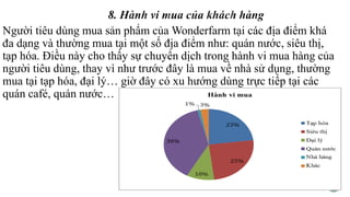 Người tiêu dùng mua sản phẩm của Wonderfarm tại các địa điểm khá
đa dạng và thường mua tại một số địa điểm như: quán nước, siêu thị,
tạp hóa. Điều này cho thấy sự chuyển dịch trong hành vi mua hàng của
người tiêu dùng, thay vì như trước đây là mua về nhà sử dụng, thường
mua tại tạp hóa, đại lý… giờ đây có xu hướng dùng trực tiếp tại các
quán café, quán nước…
 