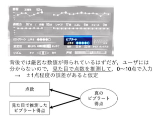 背後では厳密な数値が得られているはずだが，ユーザには
分からないので，見た目で点数を推測して，0～10点で入力
→ ±1点程度の誤差があると仮定
点数
真の
ビブラート
得点見た目で推測した
ビブラート得点
 
