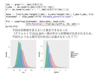 今回は初期値を変えないと推定できなかった
（デフォルトでは[-2, 2]の一様分布から初期値が生成されるため，
今回のような上限打切の状況には適さなかった？？）
 