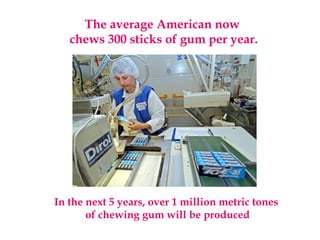 The average American now
chews 300 sticks of gum per year.
In the next 5 years, over 1 million metric tones
of chewing gum will be produced
 