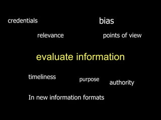 evaluate information bias relevance timeliness authority points of view credentials In new information formats purpose 