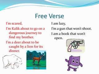 Free VerseI’m scared,I’m Kalik about to go on a dangerous journey to find my brother.I’m a deer about to be caught by a lion for its dinner.I am lazy,I’m a gun that won’t shoot.I am a book that won’t open.