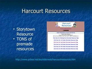 Harcourt Resources http://www.pcboe.net/les/elderweb/harcourtresources.htm Storytown Resource TONS of premade resources 