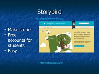 Storybird http://storybird.com/ http://storybird.com/tour/ Make stories Free accounts for students Easy 