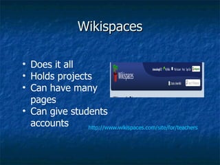 Wikispaces http://www.wikispaces.com/site/for/teachers Does it all  Holds projects Can have many pages Can give students accounts 