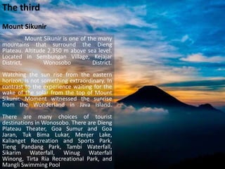 Mount Sikunir is one of the many
mountains that surround the Dieng
Plateau. Altitude 2,350 m above sea level.
Located in Sembungan Village, Kejajar
District, Wonosobo District.
Watching the sun rise from the eastern
horizon, is not something extraordinary. In
contrast to the experience waiting for the
wake of the solar from the top of Mount
Sikunir. Moment witnessed the sunrise
from the Wonderland in Java Island.
There are many choices of tourist
destinations in Wonosobo. There are Dieng
Plateau Theater, Goa Sumur and Goa
Jaran, Tuk Bima Lukar, Menjer Lake,
Kalianget Recreation and Sports Park,
Tieng Pandang Park, Tambi Waterfall,
Sikarim Waterfall, Winug Waterfall
Winong, Tirta Ria Recreational Park, and
Mangli Swimming Pool
The third
Mount Sikunir
 