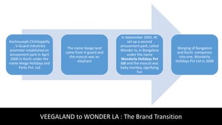 VEEGALAND to WONDER LA : The Brand Transition
Kochouseph Chittilappilly
, V-Guard industries
promoter established an
amusement park in April
2000 in Kochi under the
name Veega Holidays and
Parks Pvt. Ltd
The name Veega land
came from V-guard and
the mascot was an
elephant
In September 2005, KC
set up a second
amusement park, called
Wonder la, in Bangalore
under the name
Wonderla Holidays Pvt
Ltd and the mascot was
baby monkey, signifying
fun
Merging of Bangalore
and Kochi companies
into one, Wonderla
Holidays Pvt Ltd in 2008
 