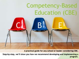 Competency-Based 
Education (CBE) 
A practical guide for any school or leader considering CBE. 
Step-by-step, we’ll show you how we recommend developing and implementing a 
program. 
C B E 
 