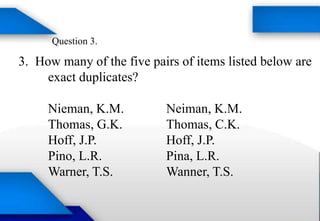 Question 3.
3. How many of the five pairs of items listed below are
exact duplicates?
Nieman, K.M. Neiman, K.M.
Thomas, G.K. Thomas, C.K.
Hoff, J.P. Hoff, J.P.
Pino, L.R. Pina, L.R.
Warner, T.S. Wanner, T.S.