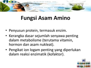 Fungsi Asam Amino
• Penyusun protein, termasuk enzim.
• Kerangka dasar sejumlah senyawa penting
dalam metabolisme (terutama vitamin,
hormon dan asam nukleat).
• Pengikat ion logam penting yang diperlukan
dalam reaksi enzimatik (kofaktor).
 