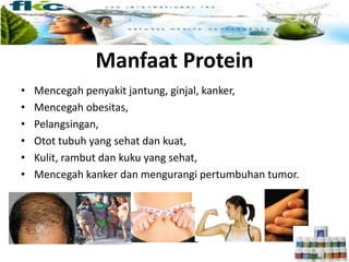 Manfaat Protein
• Mencegah penyakit jantung, ginjal, kanker,
• Mencegah obesitas,
• Pelangsingan,
• Otot tubuh yang sehat dan kuat,
• Kulit, rambut dan kuku yang sehat,
• Mencegah kanker dan mengurangi pertumbuhan tumor.
 
