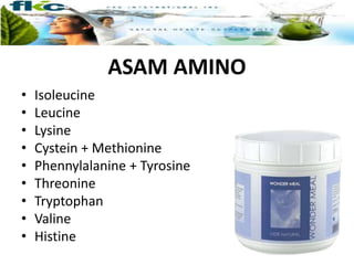 ASAM AMINO
• Isoleucine
• Leucine
• Lysine
• Cystein + Methionine
• Phennylalanine + Tyrosine
• Threonine
• Tryptophan
• Valine
• Histine
 