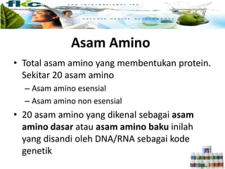 Asam Amino
• Total asam amino yang membentukan protein.
Sekitar 20 asam amino
– Asam amino esensial
– Asam amino non esensial
• 20 asam amino yang dikenal sebagai asam
amino dasar atau asam amino baku inilah
yang disandi oleh DNA/RNA sebagai kode
genetik
 