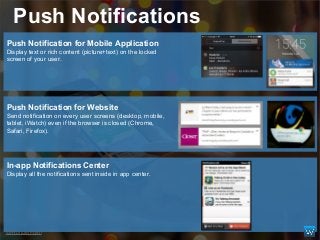 Push Notifications
@WonderPush
Push Notification for Mobile Application
Display text or rich content (picture+text) on the...