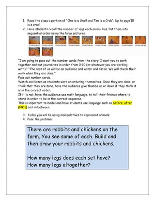 There are rabbits and chickens on the farm. You see some of each. Build and then draw your rabbits and chickens. How many legs does each set have? How many legs altogether? A rabbit has 4 legs.             A chicken has 2 legs.<br />Think about what picture vocabulary you have on your word wall. Be sure you are setting students up for independence and success.<br />Have tools for them to represent their work in a different way after they have concretely built it and then drew the picture. Use the ten-frame first and then introduce tools like part-part –whole at a later lesson. These tools need to be labeled and put on your math word wall in the future.<br />Some students may even be ready for symbolic number sentences:   4+6=10 addition.<br />  Take documentation of their work through the use of photos, interview and video. Use voice thread and a student photo of their work so students can verbally explain through their thinking.<br />See Student recording sheet below. Photo copy onto large paper for the student.<br />Assess student learning and follow up<br />What conclusions can be made from assessment information?<br />How effective have instructional strategies been?<br />What are the next steps for instruction?<br />How will the gaps in the development of understanding be addressed?<br />How will the children extend their learning?<br />                                  <br />--------------------------------------------------------<br />             <br />NK.1 Say the whole number sequence by 1s starting anywhere from 0 to 10 and from 10 to 0. <br />a) State the whole number that comes after a given number, zero to nine. <br />b) State the whole number that comes before a given number, one to ten. <br />c) Recite the whole number names from a given number to a stated number (forward – zero to ten, backward – ten to zero) using visual aids.<br />NK.3 Relate a numeral, 0 to 10, to its respective quantity. <br />a) Construct or draw a set of objects corresponding to a given numeral. <br />b) Identify the number of objects in a set. <br />c) Hold up the appropriate number of fingers for a given numeral. <br />d) Match numerals with pictorial representations. <br />Notes:<br />