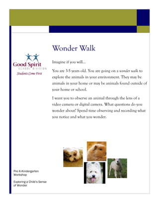 Wonder Walk
                            Imagine if you will…

                            You are 3-5 years old. You are going on a wonder walk to
                            explore the animals in your environment. They may be
                            animals in your home or may be animals found outside of
                            your home or school.

                            I want you to observe an animal through the lens of a
                            video camera or digital camera. What questions do you
                            wonder about? Spend time observing and recording what
                            you notice and what you wonder.




Pre K-Kindergarten
Workshop

Exploring a Child’s Sense
of Wonder
 