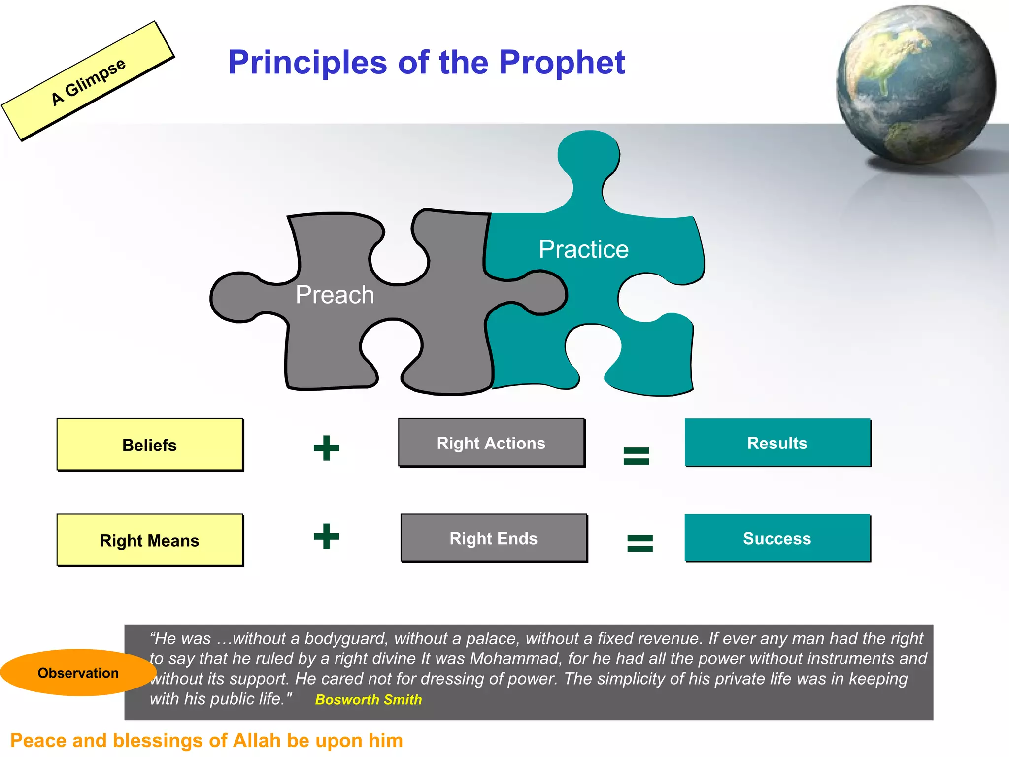 Principles of the Prophet Practice Beliefs Right Actions + Results = Preach Right Means Right Ends + Success = A Glimpse “ He was …without a bodyguard, without a palace, without a fixed revenue. If ever any man had the right  to say that he ruled by a right divine It was Mohammad, for he had all the power without instruments and  without its support. He cared not for dressing of power. The simplicity of his private life was in keeping  with his public life."  Bosworth Smith Observation 