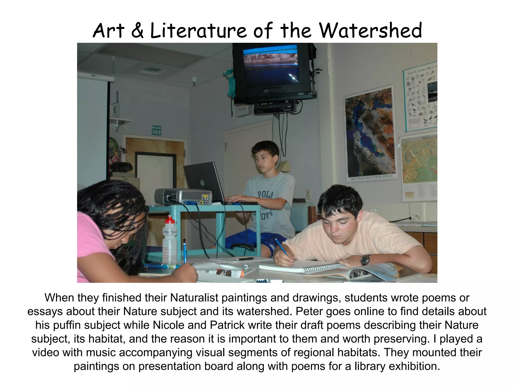 Art & Literature of the Watershed When they finished their Naturalist paintings and drawings, students wrote poems or essays about their Nature subject and its watershed. Peter goes online to find details about his puffin subject while Nicole and Patrick write their draft poems describing their Nature subject, its habitat, and the reason it is important to them and worth preserving. I played a video with music accompanying visual segments of regional habitats. They mounted their paintings on presentation board along with poems for a library exhibition. 