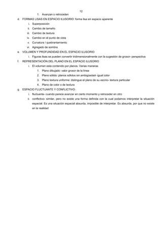 12
               1. Avanzan o retroceden
d. FORMAS LISAS EN ESPACIO ILUSORIO: forma lisa sin espacio aparente
        i. Superposición
        ii. Cambio de tamaño
       iii. Cambio de textura
       iv. Cambio en el punto de vista
        v. Curvatura / quebrantamiento
       vi. Agregado de sombra
e. VOLUMEN Y PROFUNDIDAD EN EL ESPACIO ILUSORIO
        i. Figuras lisas se pueden convertir tridimensionalmente con la sugestión de grosor- perspectiva
f.   REPRESENTACIÓN DEL PLANO EN EL ESPACIO ILUSORIO
        i. El volumen esta contenido por planos. Varias maneras
               1. Plano dibujado: valor grosor de la línea
               2. Plano sólido: planos sólidos sin ambigüedad- igual color
               3. Plano textura uniforme: distingue el plano de su vecino- textura particular
               4. Plano de color o de textura
g. ESPACIO FLUCTUANTE Y CONFLICTIVO:
        i. fluctuante- cuando parece avanzar en cierto momento y retroceder en otro
        ii. conflictivo- similar, pero no existe una forma definida con la cual podamos interpretar la situación
           espacial. Es una situación espacial absurda, imposible de interpretar. Es absurda, por que no existe
           en la realidad
 