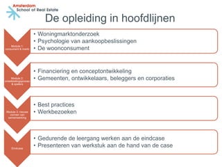 De opleiding in hoofdlijnen
                      • Woningmarktonderzoek
                      • Psychologie van aankoopbeslissingen
                      • De woonconsument
    Module 1:
consument & markt




                      • Financiering en conceptontwikkeling
     Module 2:
ontwikkelingsproces
                      • Gemeenten, ontwikkelaars, beleggers en corporaties
     & spelers




                      • Best practices
 Module 3: nieuwe
   vormen van
                      • Werkbezoeken
  samenwerking




                      • Gedurende de leergang werken aan de eindcase
     Eindcase
                      • Presenteren van werkstuk aan de hand van de case
 