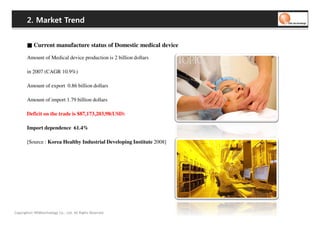 2. Market Trend


       ■ Current manufacture status of Domestic medical device

       Amount of Medical device production is 2 billion dollars

       in 2007 (CAGR 10.9%)

       Amount of export 0.86 billion dollars

       Amount of import 1.79 billion dollars

       Deficit on the trade is $87,173,203,98(USD)

       Import dependence 61.4%

       [Source : Korea Healthy Industrial Developing Institute 2008]




Copyrights© WONtechnology Co., Ltd. All Rights Reserved.
 