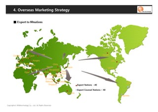 4. Overseas Marketing Strategy


       ■ Export to 80nations




                         Finland

                                        Russia                                                          Canada
       England             Czech
                 Germany
                                Hungary                                                                          USA
           France Turkey
                              Syria                  China
          Spain Italy                       Nepal                    Japan                                    Mexico
                                Saudi Iran       Bangladesh
                      Egypt              India                Taiwan
                              UAE                        Hong Kong
                                   Oman         Thailand
                                                         Vietnam
                                           Sri Lanca
                                               Lanca
                                           Malaysia         Indonesia
                                                                                                                            Brazil
                                               Singapore                        04– snoitaN tropxE

                                                                                04 – snoitaN lesnuoC tropxE
                                                                    Australia
                                                                                                                       Argentina



Copyrights© WONtechnology Co., Ltd. All Rights Reserved.
 