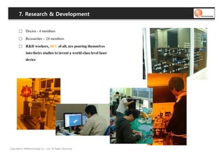 7. Research & Development


             Doctor - 4 members

             Researcher – 24 members

             R&D workers, 60% of all, are pouring themselves
             into theirs studies to invent a world-class level laser
             device




Copyrights© WONtechnology Co., Ltd. All Rights Reserved.
 