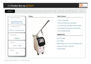 1.1 Product line-up QUEEN

       QUEEN                COSJET TR             COSJET SR   COSJET VR   COSJET AR     PDT 608           PDT D662            oaze


                                                     Design                            Main Features
             Product Category

                                                                                       • Various scan mode
                , n oi t a n e v uj e R ni k S
              r a c S , n oi s e L t n e m gi P                                        • Thin and Deep Beam Penetration

                                                                                       • Low Downtime and High Treatment Effect
             Irradiation Type
                                                                                       • Dual Mode (Fractional & General Mode)
           RF CO₂ Fractional Laser
                ₂                                                                      • User Friendly Display


            Wavelength                                                                 Application

                       10,600nm                                                       • Fine Wrinkles

                                                                                      • Loose Skin
             Distance
                                                                                      •Resurfacing of Acne Scars and Surgical Scars
                    0.1mm ~ 2.0mm                                                     • Melasma, Freckles, Age Spot

                                                                                      • Stretch Marks
            Output

                            30W




Copyrights© WONtechnology Co., Ltd. All Rights Reserved.
 