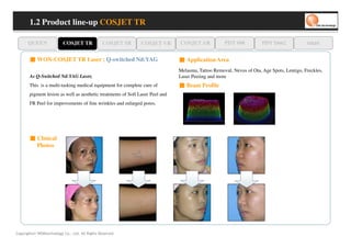 1.2 Product line-up COSJET TR

      QUEEN               COSJET TR             COSJET SR      COSJET VR       COSJET AR            PDT 608           PDT D662             oaze

       ■ WON-COSJET TR Laser ; Q-switched Nd:YAG                               ■ Application Area
                                                                               Melasma, Tattoo Removal, Nevus of Ota, Age Spots, Lentigo, Freckles,
       As Q-Switched Nd:YAG Laser,                                             Laser Peeiing and more
       This is a multi-tasking medical equipment for complete cure of          ■ Beam Profile
       pigment lesion as well as aesthetic treatments of Soft Laser Peel and
       FR Peel for improvements of fine wrinkles and enlarged pores.




       ■ Clinical
         Photos




Copyrights© WONtechnology Co., Ltd. All Rights Reserved.
 