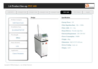 1.6 Product line-up PDT 608

       QUEEN              COSJET TR              COSJET SR    COSJET VR   COSJET AR      PDT 608            PDT D662           oaze

                                                     Design                           Specification
             Product Category

                Anti-Cancer Laser                                                     • Energy Power : 1W

                                                                                      • Pulse Repetition Rate : 1Hz ~ 120Hz
             Irradiation Type
                                                                                      • Pulse width : 0.1 ~ 2ms
               Q-switched Nd:YAP
                                                                                      • Beam Delivery : Flexible light fiber

                                                                                      • Electrical Requirement : 220~230 VAC
             Wavelength
                                                                                      • Power Consumption : 3500W
                       608nm
                                                                                      • Weight : 40kg

             Pulse duration                                                           • Dimensions : 660 X 235 X 650 mm

                                                                                      • Device Cooling : water, air
                       C/W
                                                                                      • Display : LCD
             Application

                Cancer Treatment




Copyrights© WONtechnology Co., Ltd. All Rights Reserved.
 