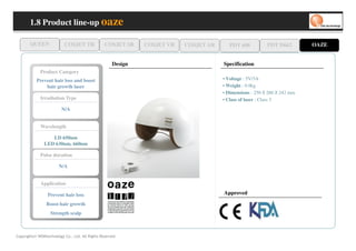 1.8 Product line-up oaze

       QUEEN              COSJET TR              COSJET SR    COSJET VR   COSJET AR      PDT 608              PDT D662          OAZE


                                                     Design                           Specification
             Product Category
           Prevent hair loss and boost                                                • Voltage : 5V/3A
               hair growth laser                                                      • Weight : 0.9kg
                                                                                      • Dimensions : 250 260
                                                                                                          X        X   242 mm
             Irradiation Type                                                         • Class of laser : Class 3
                         N/A


             Wavelength

                  LD 650nm
               LED 630nm, 660nm

             Pulse duration

                       N/A


             Application

                 Prevent hair loss                                                    Approved

                Boost hair growth
                   Strength scalp



Copyrights© WONtechnology Co., Ltd. All Rights Reserved.
 