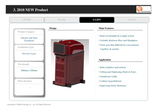 3. 2010 NEW Product

                   AVVIO                                      Pastelle   S-LIPO                             V-Laser


                                                     Design                  Main Features
             Product Category
                                                                             • Dual wavelengths in a single system
                 Obesity and Skin
                   Treatment                                                 • Variable thickness fiber and Handpiece

                                                                             • Treat area that difficult for conventional
             Irradiation Type
                                                                              Lipolisys & suction

                  Nd:YAG Laser

                                                                             Application
             Wavelength
                                                                             • Body Lipolisys and suction
                 1064nm, 1320nm
                                                                             • Lifting and Tightening (Body & Face)

                                                                             • Osmidrosis Axilla

             Pulse duration                                                  • Axillary hyperhidrosis

                                                                             • Improving Striae Distensae
                            -




Copyrights© WONtechnology Co., Ltd. All Rights Reserved.
 