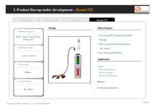 3. Product line-up under development – Beauty752

                 oaze Clinic                        Power Strike   oaze Plus   Beauty752


                                                       Design                  Main Features
             Product Category
                                                                               • LLLT and MET Method used Multi
           si ti ni h r d n a h t e e t , e n c A
                       T L L L g ni s u                                          Therapy

                                                                               • Micro-current Electrical Therapy
             Irradiation Type                                                     (10 ~ 60uA )

                                                                               • User convenient Interface
                    Laser , Current
                                                                               Application

             Wavelength
                                                                               • Acne
                                                                                 - Skin Rejuvenation
                        650nm                                                    - Reduce the pain
                                                                                 - Relieve the infection

             Current Source                                                    •Rhinitis

                                                                               •Dentin hypersensitivity
                      10 ~ 60uA




                                                                                                                    56/69
Copyrights© WONtechnology Co., Ltd. All Rights Reserved.
 