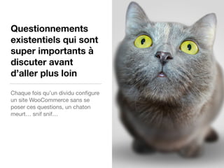 Questionnements
existentiels qui sont
super importants à
discuter avant
d’aller plus loin
Chaque fois qu’un dividu conﬁgure
un site WooCommerce sans se
poser ces questions, un chaton
meurt… snif snif…
 