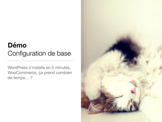 Démo
Conﬁguration de base
WordPress s’installe en 5 minutes,
WooCommerce, ça prend combien
de temps… ?
 