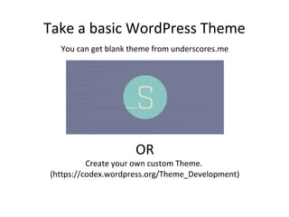Take a basic WordPress Theme
You can get blank theme from underscores.me
OR
Create your own custom Theme.
(https://codex.wordpress.org/Theme_Development)
 