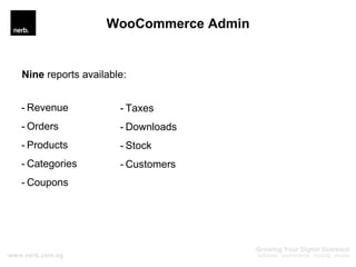 - Revenue
- Orders
- Products
- Categories
- Coupons
WooCommerce Admin
- Taxes
- Downloads
- Stock
- Customers
Nine report...